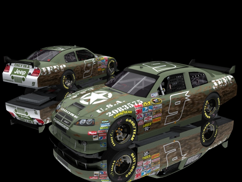 Two green NASCAR race cars with military-style markings and sponsor decals. One car has 'Jeep' branding on its rear