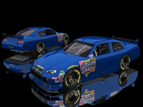 2004 Jeep Wrangler - Two blue race cars are displayed against a black background, covered in numerous sponsor decals.