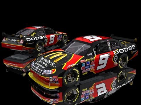 2004 Jeep Wrangler - Renderings of two Dodge Avenger race cars, one in front of the other, both displaying McDonald's and Dodge branding.