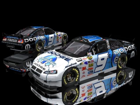 2004 Jeep Wrangler - Two Dodge race cars are displayed with a black background and reflective surface.