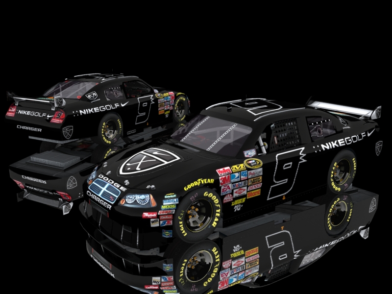 Two black Dodge Chargers with number 9 and Nike Golf branding, on a reflective surface