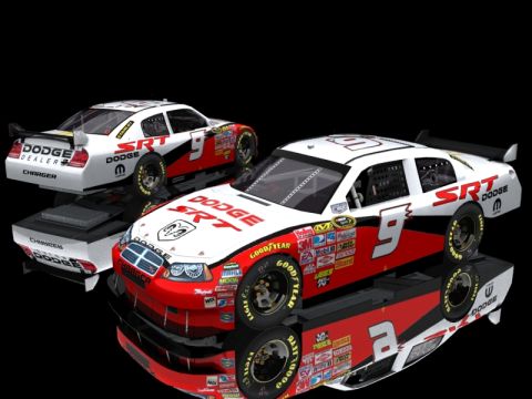 2004 Jeep Wrangler - Two Dodge Charger race cars are displayed with racing decals and sponsor logos.