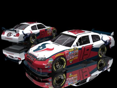 2004 Jeep Wrangler - Two Dodge Charger NASCAR race cars are displayed with a red, white, and blue paint scheme and numerous sponsor decals.