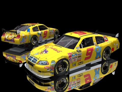 2004 Jeep Wrangler - Two yellow Dodge Chargers decorated with Simpsons characters and various sponsor decals are displayed.