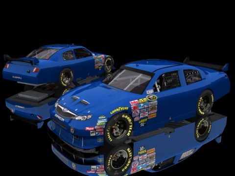 2004 Jeep Wrangler - Two blue Subaru Impreza race cars are displayed against a black background with their reflections.