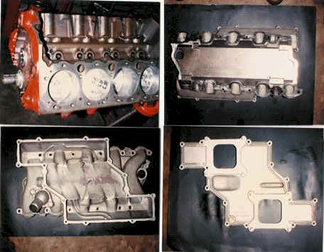 1972 Ford Ranchero - Four images show an engine block, intake manifold, and other engine components laid out.