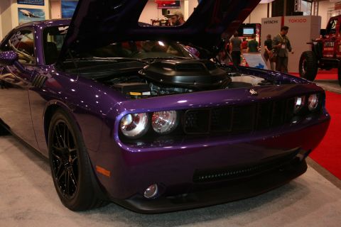 1998 Ford Crown Victoria - A purple Dodge Challenger is displayed with its hood open, revealing the engine compartment.