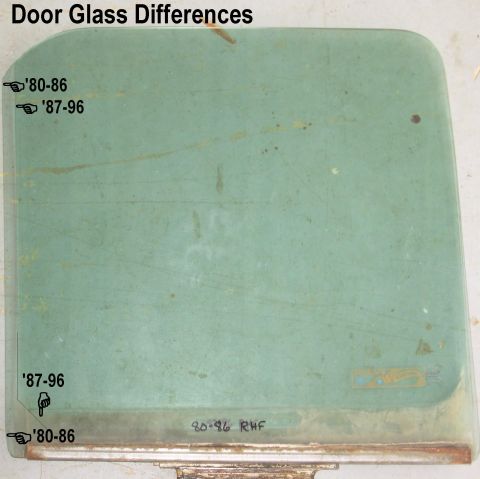 1983 Ford Bronco - Door Glass Differences FRONT IS LEFT Both of these are tinted (green). The divider bar (back of the vent window frame) is deeper for '87-96…