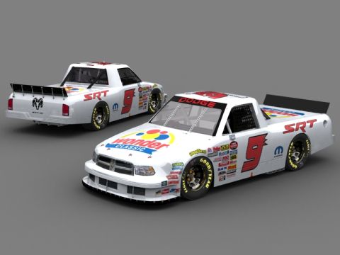 2004 Jeep Wrangler - Two Dodge race trucks are shown in a studio setting with a grey background. Both feature racing decals and sponsors.