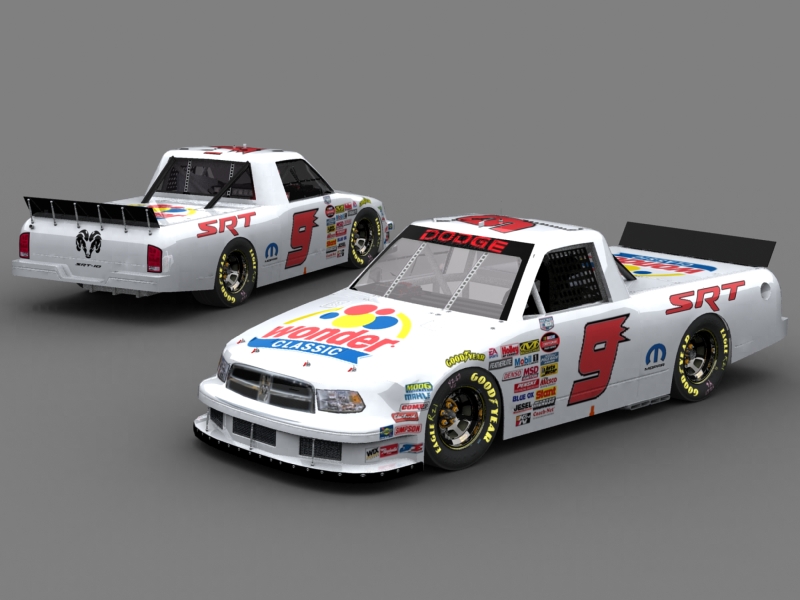 Two white Dodge race trucks with red number 9 and 'SRT' graphics. One is angled from the front, the other from the rear