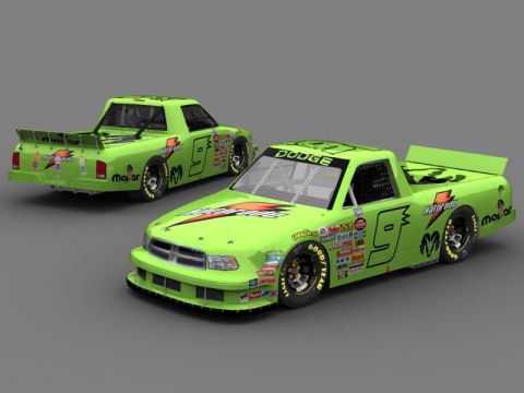2004 Jeep Wrangler - Two lime green Dodge Ram race trucks are shown from different angles against a gray background.