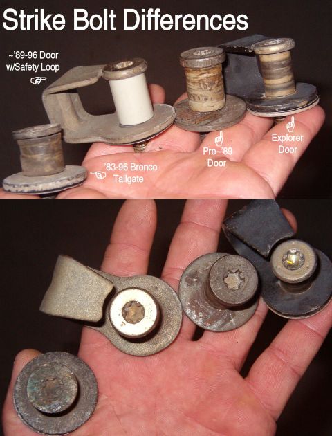 1983 Ford Bronco - Strike Bolt Differences; all use T50 drive The '89-96 Door bolt shown has a replacement bushing. The bolt is designed to be unscrewed from…