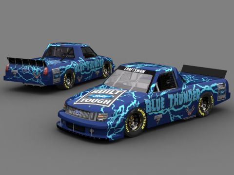 2004 Jeep Wrangler - Two Ford race trucks with 'Blue Thunder' livery are displayed against a neutral background.