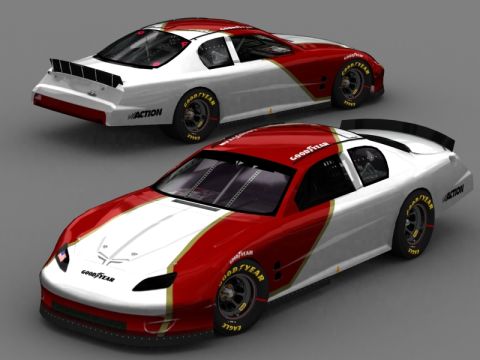 2004 Jeep Wrangler - Two stock cars are shown from different angles, a red and white paint scheme with gold trim.