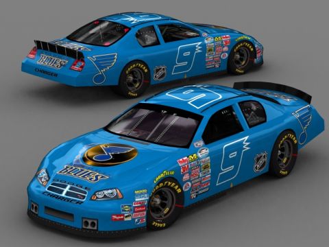 2004 Jeep Wrangler - Two views of a blue Dodge Charger race car, number 9, the St. Louis Blues logo and various sponsor decals.