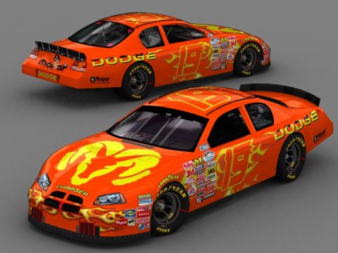 2004 Jeep Wrangler - Two Dodge race cars are shown from different angles, both flame graphics and sponsor decals.