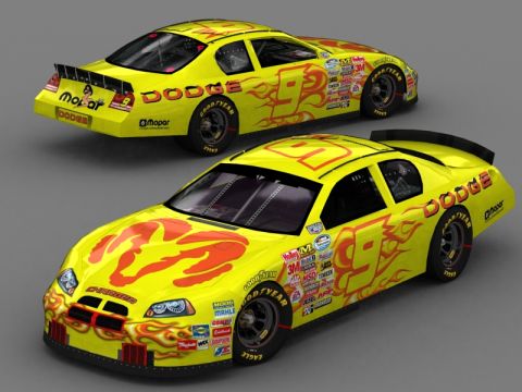 2004 Jeep Wrangler - Two Dodge race cars are shown in a studio setting, one from the front and one from the rear, both adorned with flames and sponsor decals.