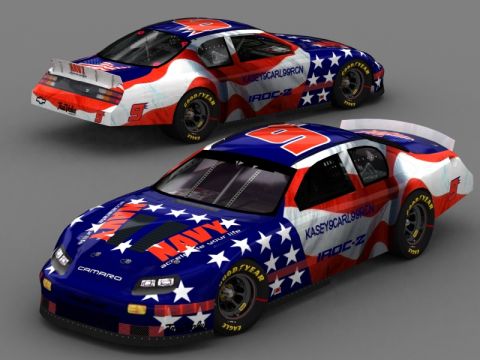 2004 Jeep Wrangler - Two NASCAR race cars, one in front of the other, display patriotic American flag livery and sponsor decals.