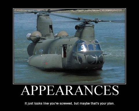 1900 Acura CL - Military helicopter partially submerged in water, with text overlay 'APPEARANCES'.
