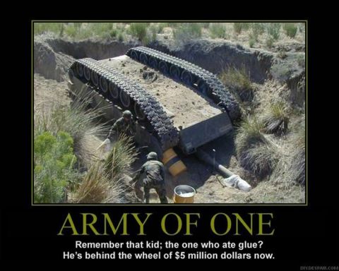 1900 Acura CL - A military tank is stuck in a dirt ditch with two soldiers attempting to free it.