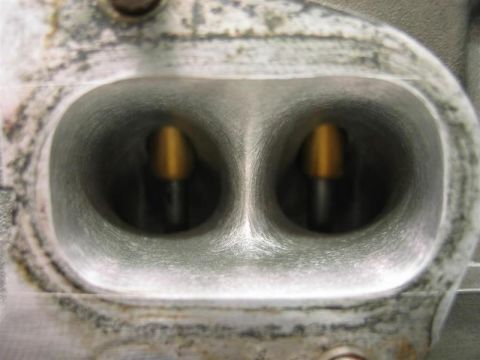 2007 Ford Mustang - Close-up view of two intake ports within an engine cylinder head, showing the yellow tips of the valve stems.