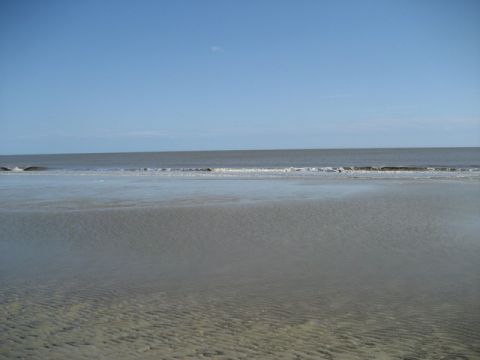 1995 Ford Bronco - Low tide reveals rippled sand patterns on the beach with a calm ocean under a clear blue sky.