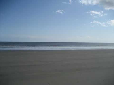 1995 Ford Bronco - A tranquil beach scene with the ocean meeting the shore under a partly cloudy sky.