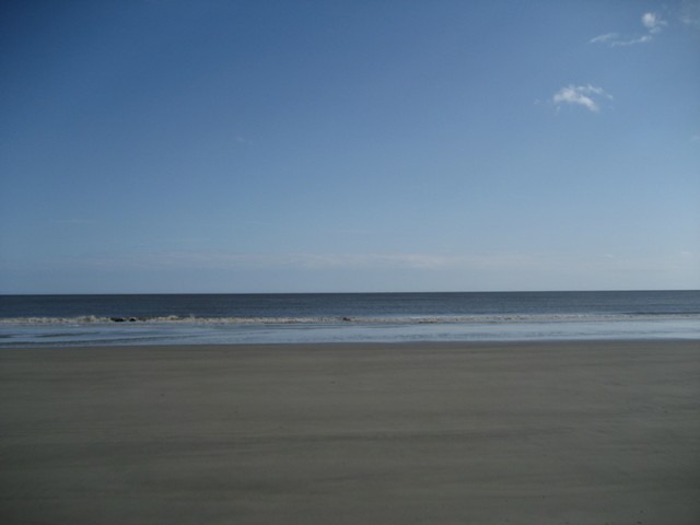 Wide view of a sandy beach with the ocean and a clear blue sky
