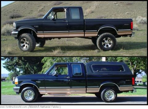 1996 Ford Bronco - Side profiles of two Ford F-Series trucks, one modified for off-road use and the other equipped with a camper shell.