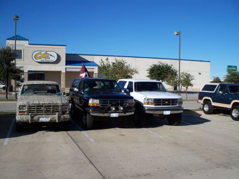1996 Ford Bronco - Multiple Ford Bronco SUVs are parked in a lot outside a store on a sunny day.