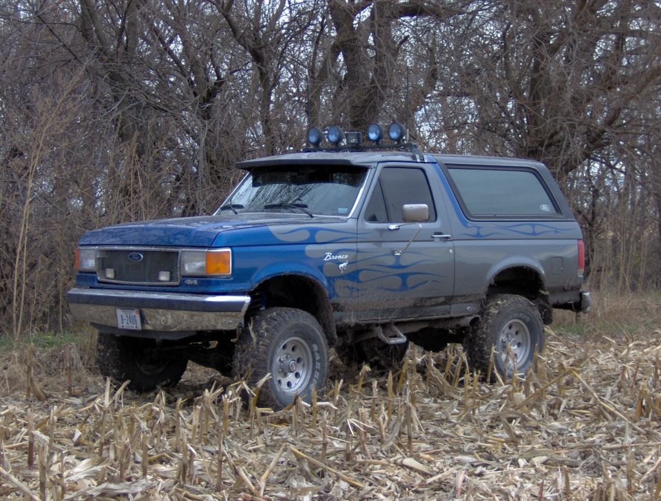Blue and gray Ford Bronco with flame decals and roof-mounted lights, parked in a field of dry stalks