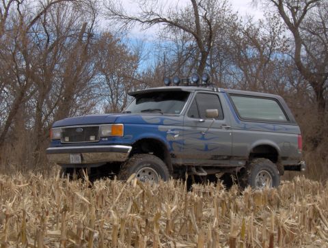 1987 Ford Bronco - 1987 Ford Bronco with custom flame graphics sits in a field of dry corn stalks under a cloudy sky.