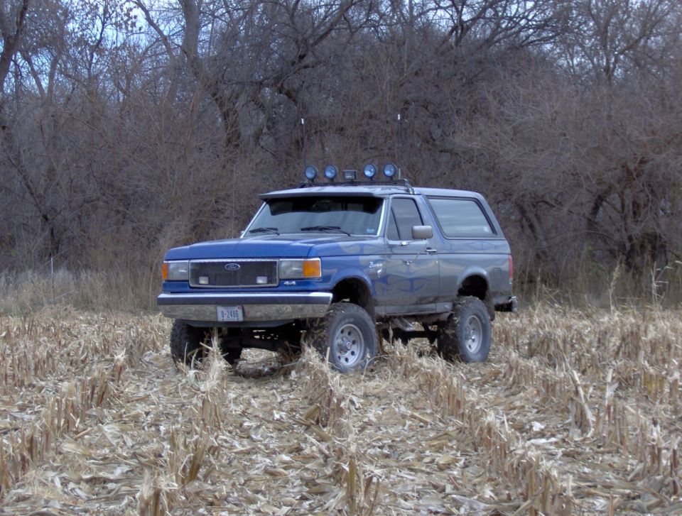 Blue Ford Bronco with off-road tires and light bar parked in a field of dry stalks