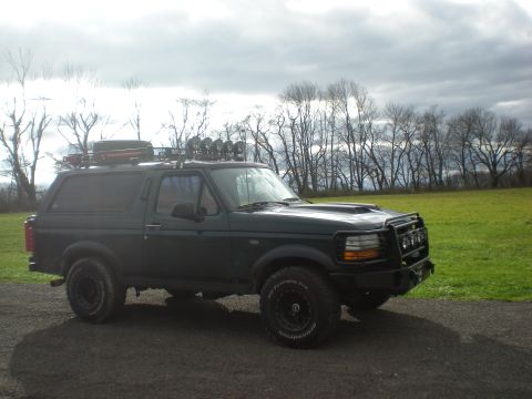 1993 Ford Bronco - This modified Ford Bronco is parked outdoors with a grassy field and trees in the background under a cloudy sky.