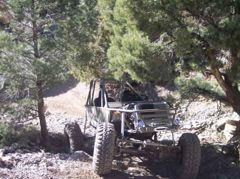 1995 Ford Bronco - A custom off-road buggy with a roll cage is navigating a rocky, wooded trail. The driver, wearing a dark hat and jacket, is visible behind…