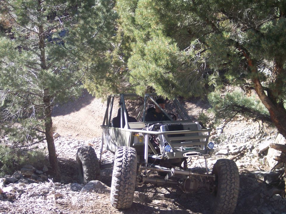 Custom off-road buggy on a rocky, wooded trail.