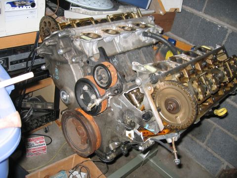 1996 Ford Crown Victoria - Engine assembly with visible timing components and pulleys, resting on a stand.
