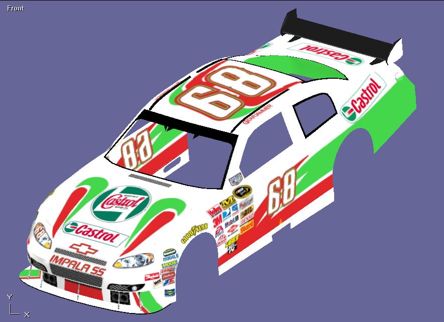 White racing car body with green and red stripes, number 68, and Castrol logos