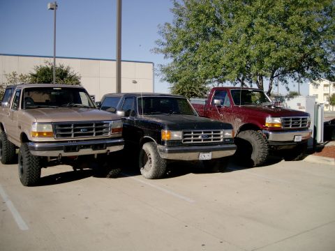 1984 Ford Bronco - Three Ford trucks, including a 1992 Bronco, parked in a lot on a sunny day.