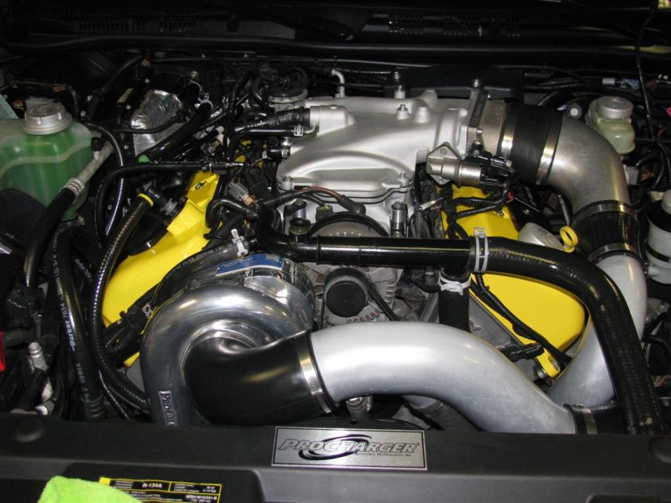 Engine bay with a ProCharger supercharger and yellow valve covers