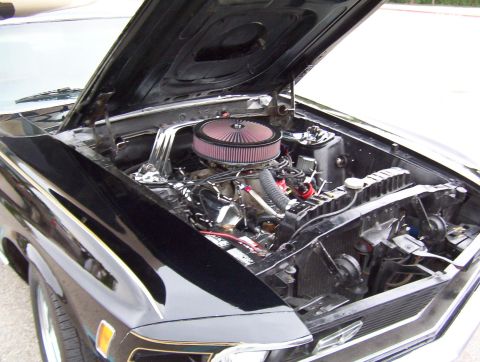 1970 Ford Mustang - The engine bay of a 1970 Ford Mustang is shown with the hood open, revealing the engine and radiator.
