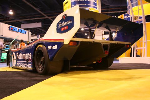 Rothmans Porsche 956 race car rear view showing wing and diffuser