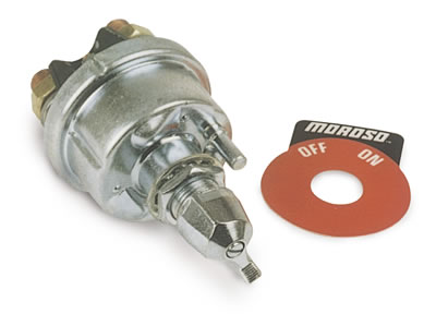 1998 Ford Crown Victoria - Product photo of a chrome master battery disconnect switch shown next to its red Moroso off/on label decal.