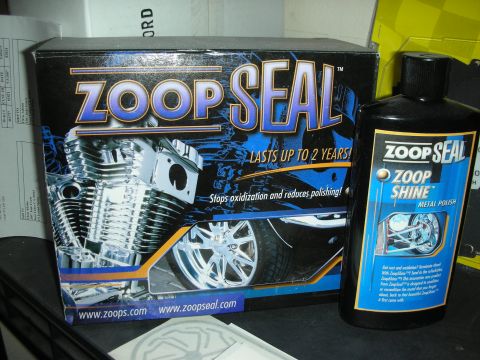 1998 Ford Crown Victoria - Product photo of Zoop Seal boxed metal sealant alongside a Zoop Shine metal polish bottle.