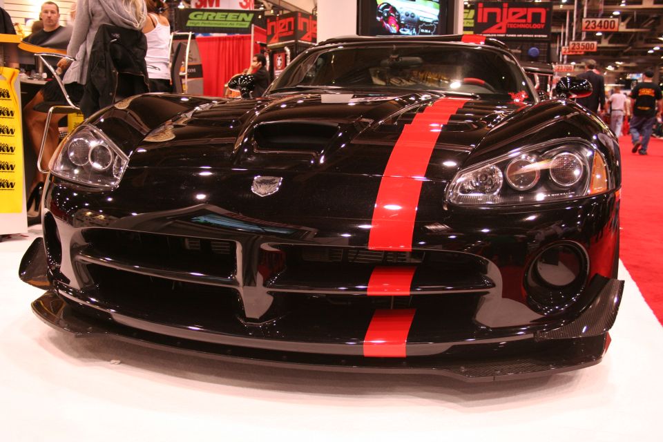 Black Dodge Viper with red stripe close front view at show