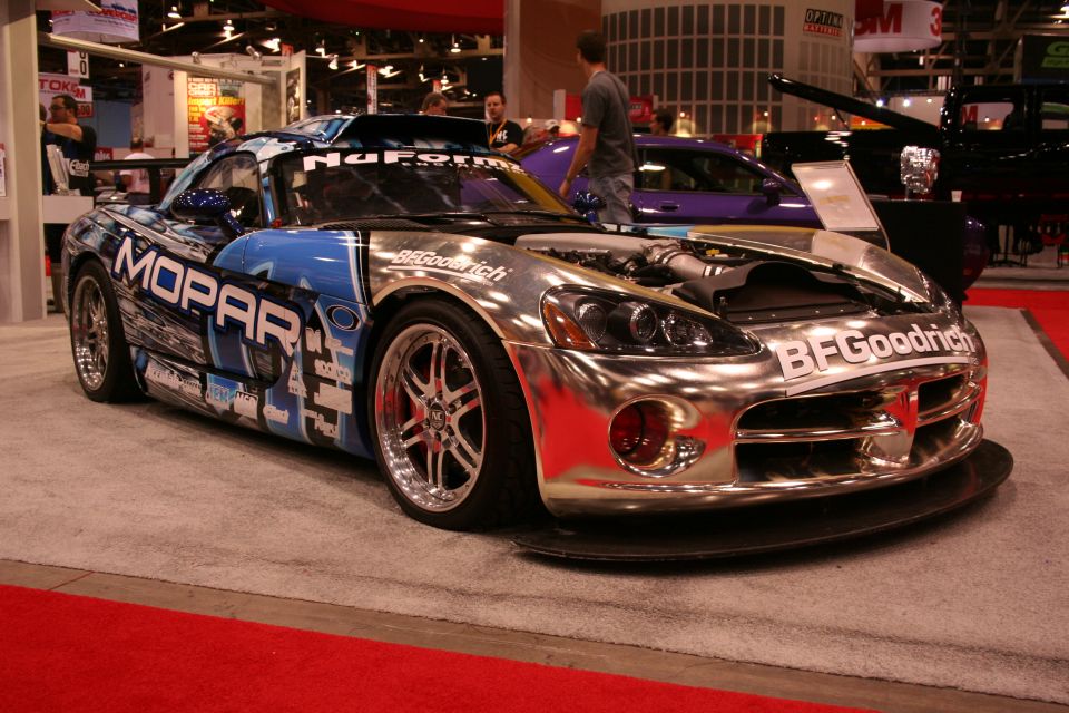 Chrome-wrapped Mopar BFGoodrich Dodge Viper race car at show
