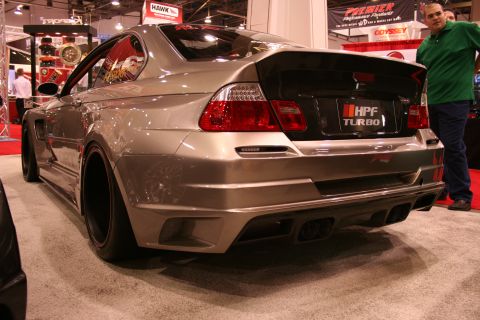 Silver widebody BMW E46 M3, rear view with HPF Turbo badge