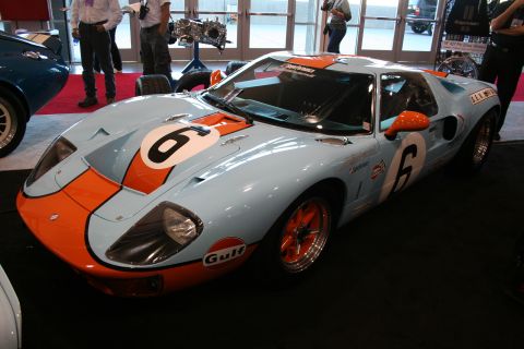 Blue and orange Gulf-livery Ford GT40 number 6, front quarter view