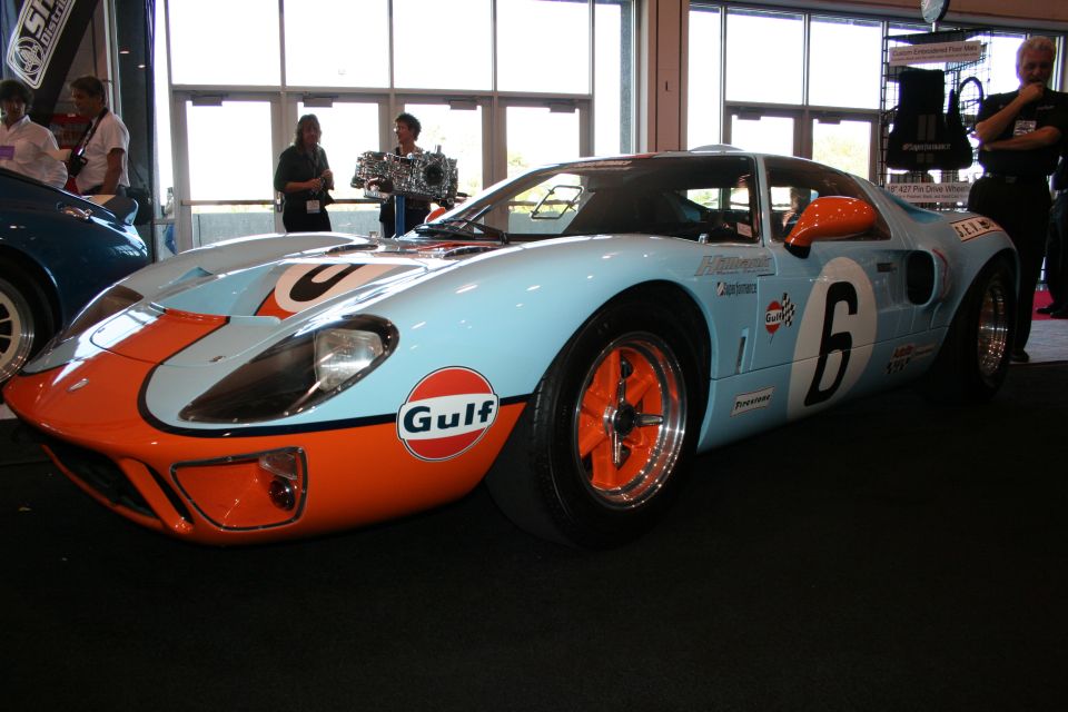 Gulf-livery Ford GT40 number 6 with orange wheels, front view