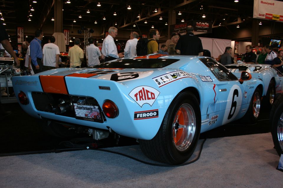 Gulf-livery Ford GT40 number 6 rear quarter view at a show